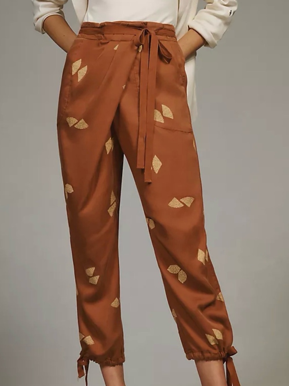 Pilcro Asymmetrical Rust Brown Printed Harem Pants with Gold Leaf & Tie Waist 26